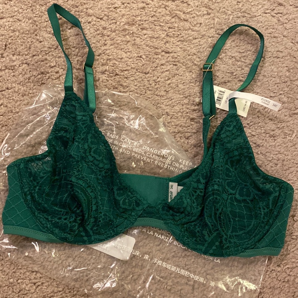 Aerie Unlined Plunge Green Lace Bra